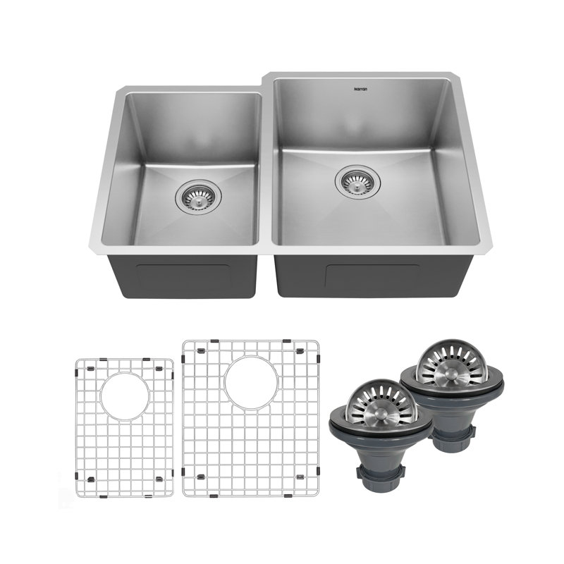 Karran 16-Gauge Stainless Steel 33'' X 22'' 40/60 Double Bowl Undermount Kitchen Sink Kit