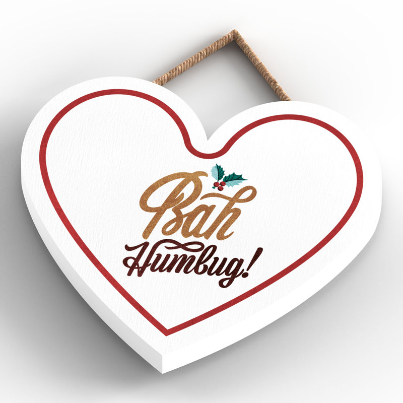 Xmas Bah Humbug Holly Wooden Heart Plaque, 10cm H x 9cm W x 0.5cm D