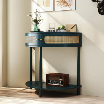 Table de bout unique en demi-lune avec porte coulissante en rotin, console élégante en demi-cercle avec 2 armoires de rangement en rotin et tablette inférieure pour le salon, la chambre à coucher, le bureau, le couloir