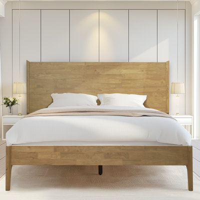 Premium Solid Wood Bed Frame with Headboard, Scandinavian Signature High Headboard Wood Bed