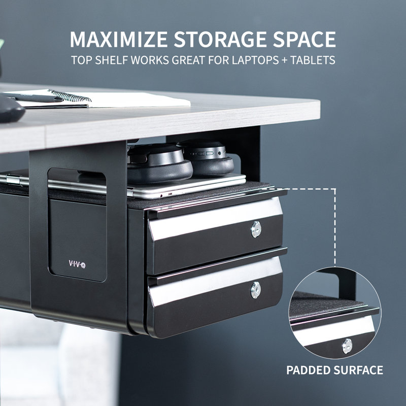 Black Steel Under Desk Lockable Double Drawer Storage Organizer