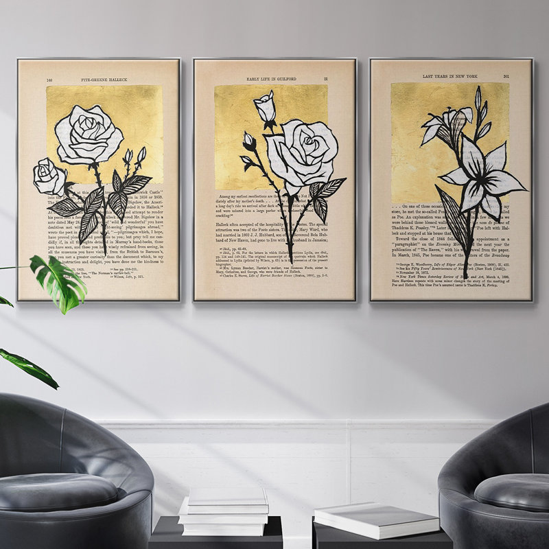 Floral Diary I, encadré sur toile, 3 pièces, Encadrement argenté, H 36 po x l 72 po x P 2 po