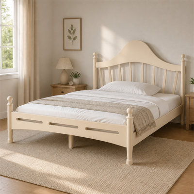 Beige low profile queen platform bed stylish headboard solid wood frame slat support no box spring required