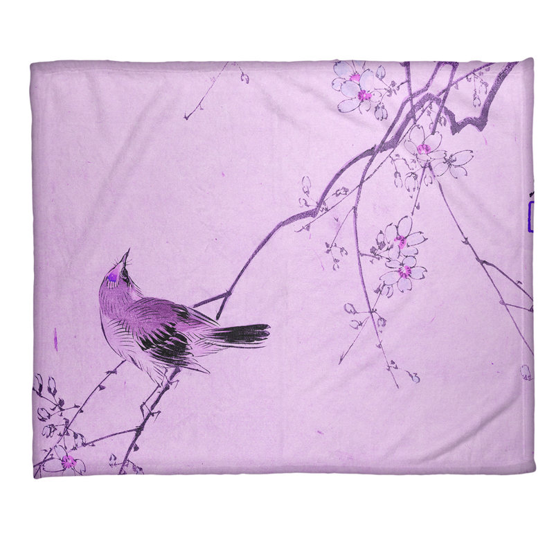  Jeté en molleton vintage japonais avec fleurs et oiseaux, Mauve