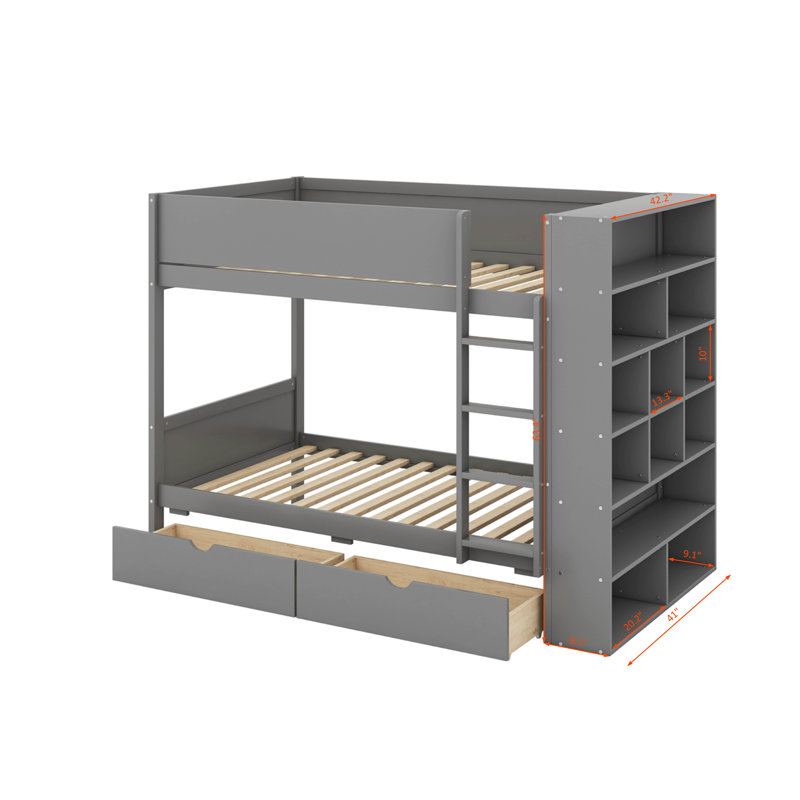 Lit superposé simple au-dessus de simple avec 2 tiroirs et une armoire, Lit superposé simple sur simple, Gris