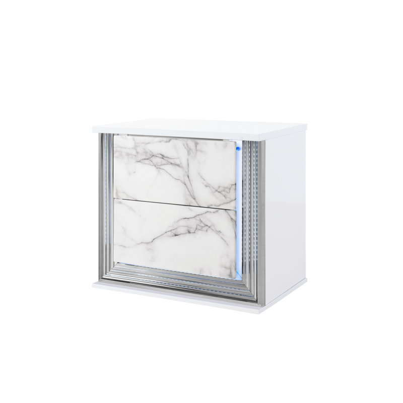 Table de chevet en marbre blanc lune avec DEL, conception moderne et attrayante, accents riches, haute brillance, bois massif et fabrication, 26,46 po de profondeur, 16,88 de largeur, 24,98 de hauteur, 61,99 lb d'apparence élégante,