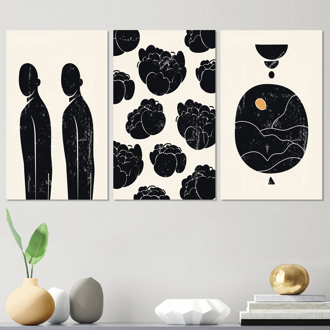 Black and White and I - 3 Piece Wrapped Canvas Graphic Art Set Red Barrel Studio®