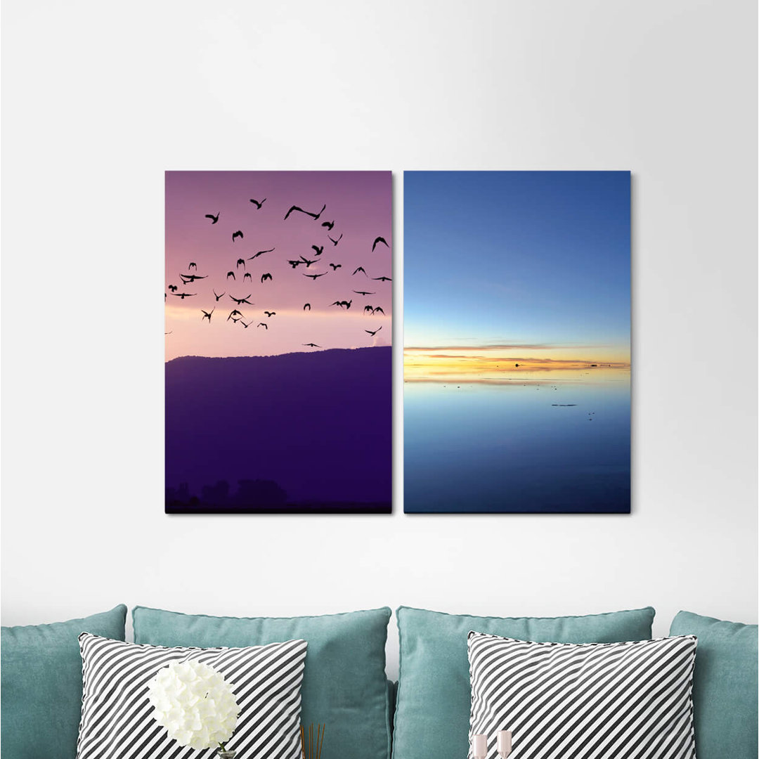 2-tlg. Leinwandbilder-Set - Fotografie "Vogelschwarm Lake Mountains Sky Flying Birds Entspannende Beruhigung"