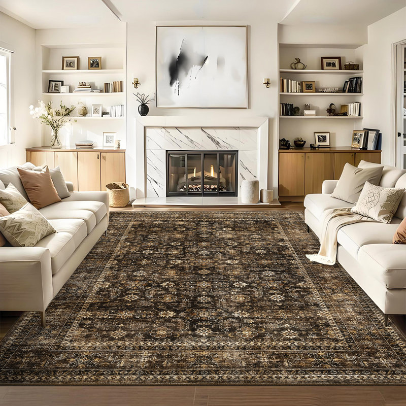 Washable Vintage Floral Printed Area Rug for Living Room Decor Non Slip Low Pile Thin Rugs for Bedroom Decor Entry Runner Rug Stain Resistant Soft Distressed Carpet