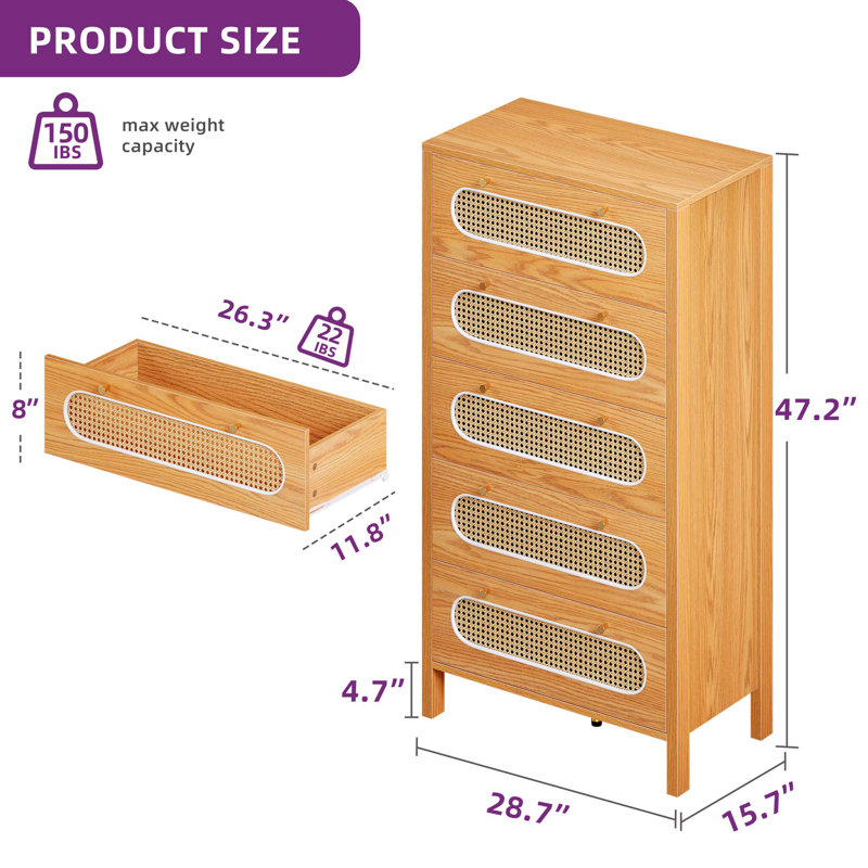 Ayishah 28.7'' W 5 - Drawer Dresser, Brown
