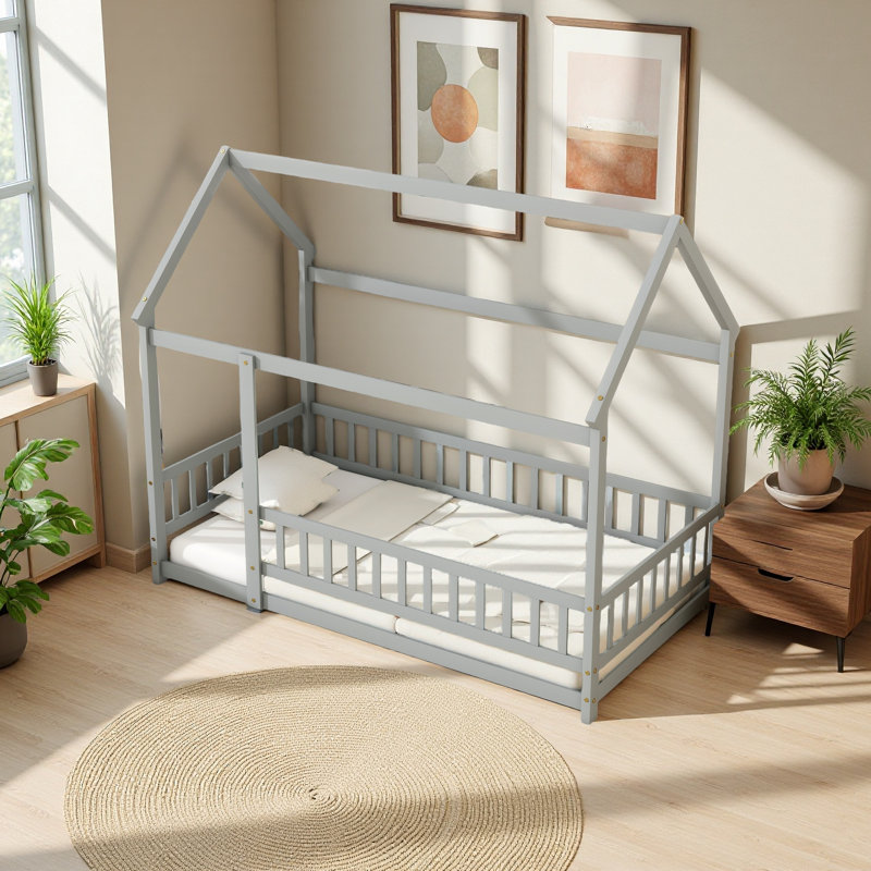 Lit en bois avec structure de toit House House, Gris, Lit simple