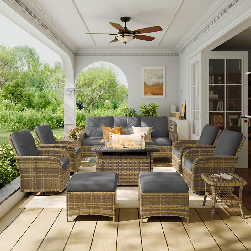 Ensemble de conversation de patio extérieur en osier de 10 pièces avec des chaises pivotantes et des poufs, Gris, Brun