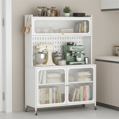 White Cabinets With Glass Doors And Adjustable Shelves, Suitable For Kitchens, Living Rooms, And Dining Areas.