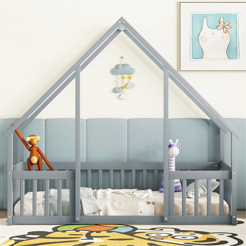 Twin Wood House-Shaped Floor Bed With Fence, Guardrails ,Grey, Gray, Twin