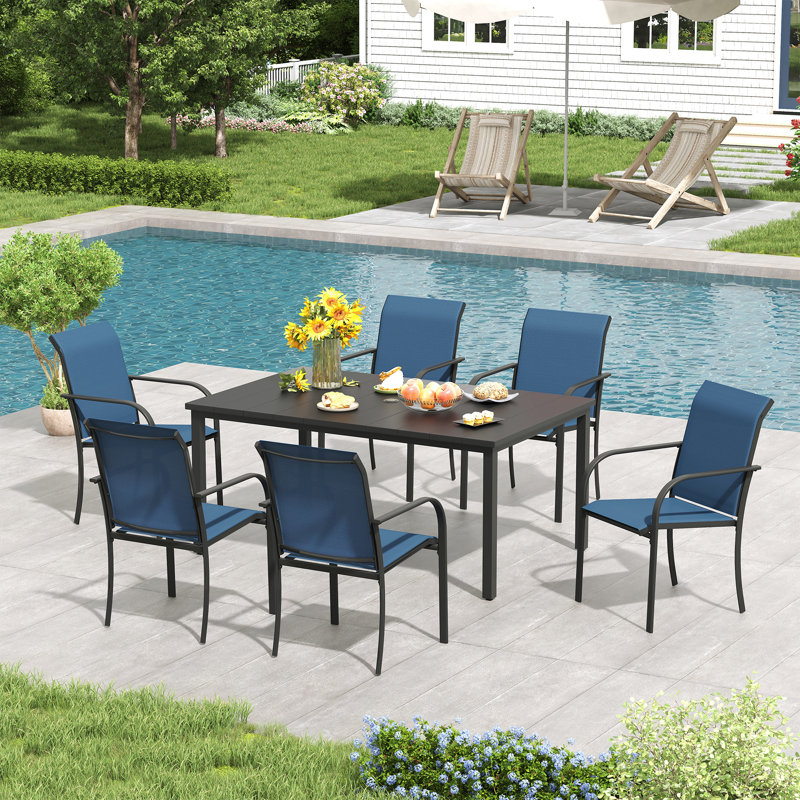 6-Person Outdoor Rectangular Dining Set, Black/Blue