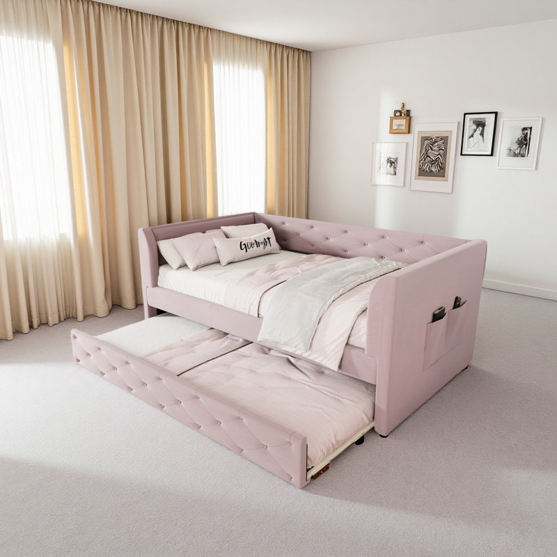 Lit de jour simple capitonné en velours capitonné avec couchette, Rose