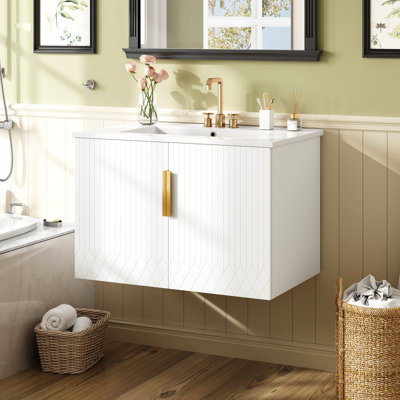 30" Vintage Bathroom Vanity With Ceramic Sink, With 3 Holes Single Ceramic Sink, Bathroom Storage Vanity Cabinet With 2 Soft Closing Doors