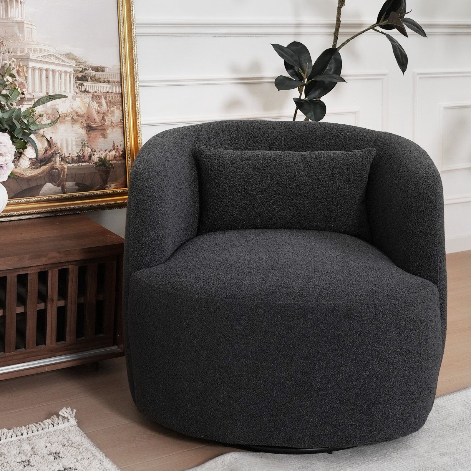 Aria Upholstered Swivel Armchair with Ottoman, Dark Gray