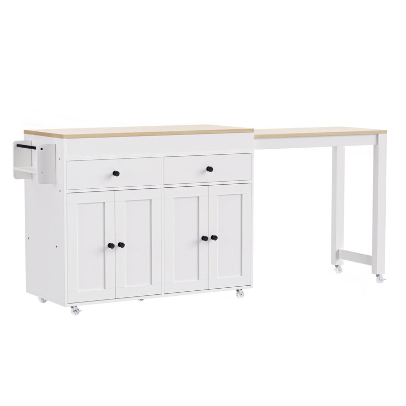 74.5 Inch Kitchen Island With Extendable Dining Table , Rolling Kitchen Island On Wheels With Spice Rack And 2 Drawers, 4 Door Cabinet, For Kitchen, Dining Room (One Package)