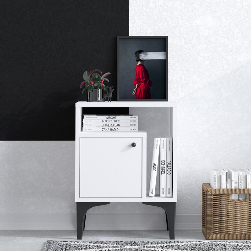Modern Nightstand, White & Black, 15.7 x 21.7 x 13.8 inches | 100% Melamine Coated Particle Board, Thickness: 0.7 inches | Stylish Solid Color Design, Perfect for Bedroom & Living Room, Durable & Functional Storage Solution