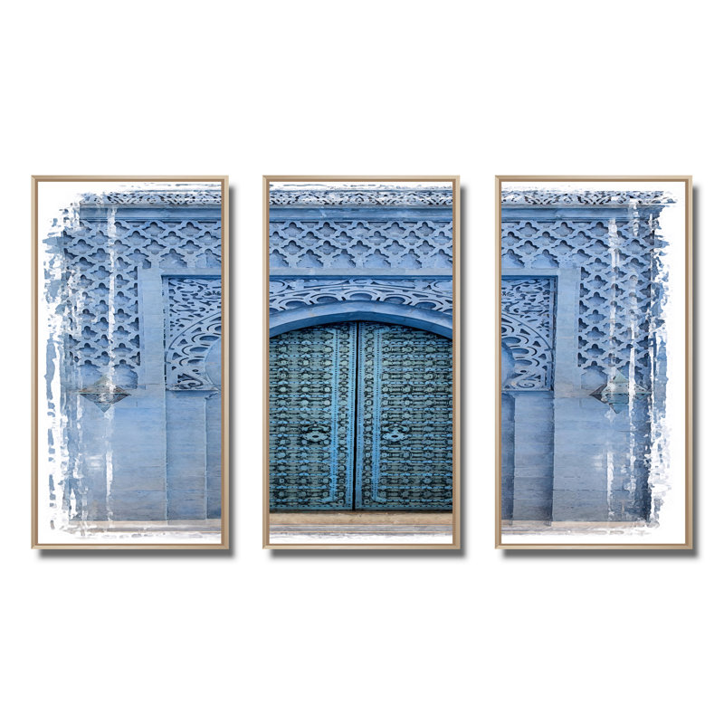 Porte d'entrée traditionnelle en bois marocain traditionnel - ensemble d'art mural sur toile encadré traditionnel de 3, Brun