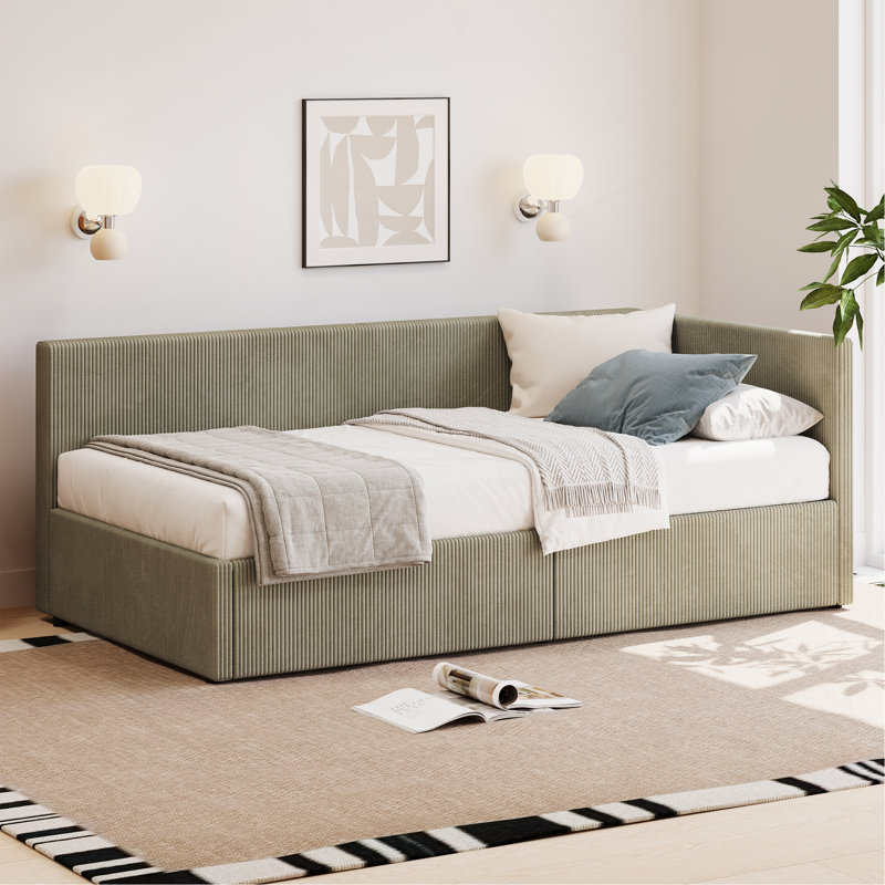 Élégant lit de jour rembourré en velours côtelé avec rangement et conception en forme de L, idéal pour le confort et l'utilisation de l'espace.