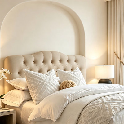 Upholstered Tufted Headboard King Size, Curved Button Tuft Linen Fabric Head Board, Height Adjustable Bed Headboard for Bedroom, Beige