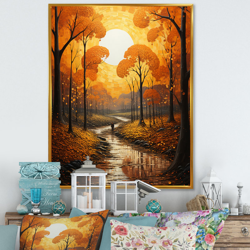 «Bold Yellow Forest Giants Pointillism II», impressions sur toile, Cadre flottant doré, H 40 po x l 30 po x P 1,5 po