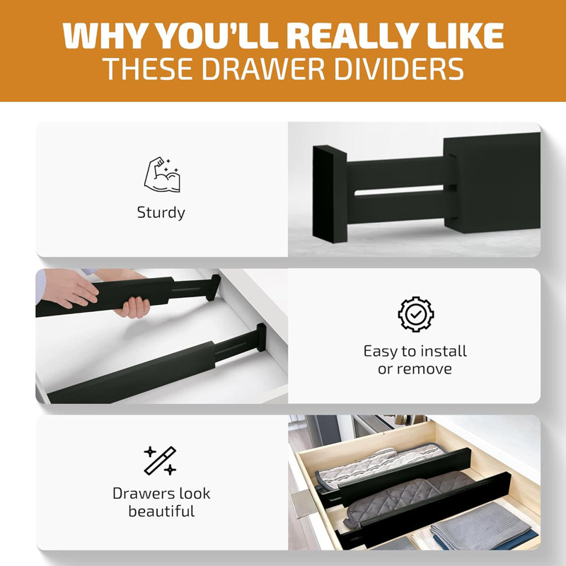 Black Adjustable Bamboo Drawer Dividers, 16-22" Expandable, 4-Pack