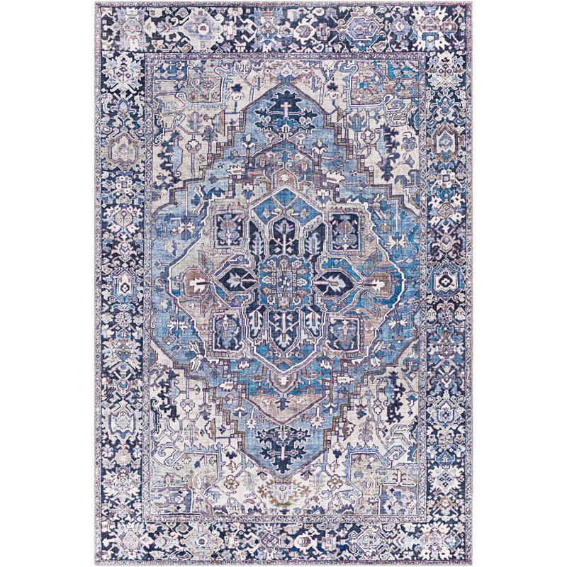 Tapis oriental tissé à la machine Albertson, Rectangle 2 pi 3 po x 3 pi 9 po, Bleu / Ivoire