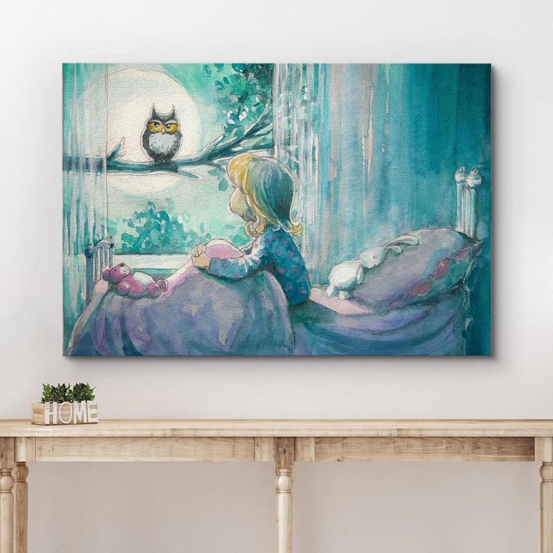 «Girl In Bed Looks at Forest Owl In Moonlight Kids» sur, Toile tendue, H 16 po x l 24 po