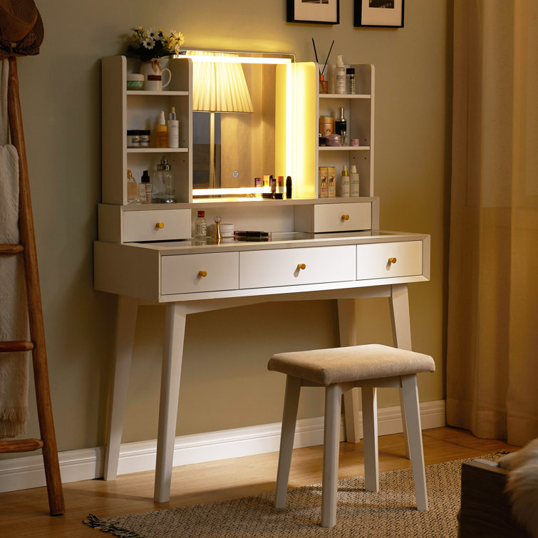 Kelila Makeup Vanity Desk with Lighted Mirror and Charging Station