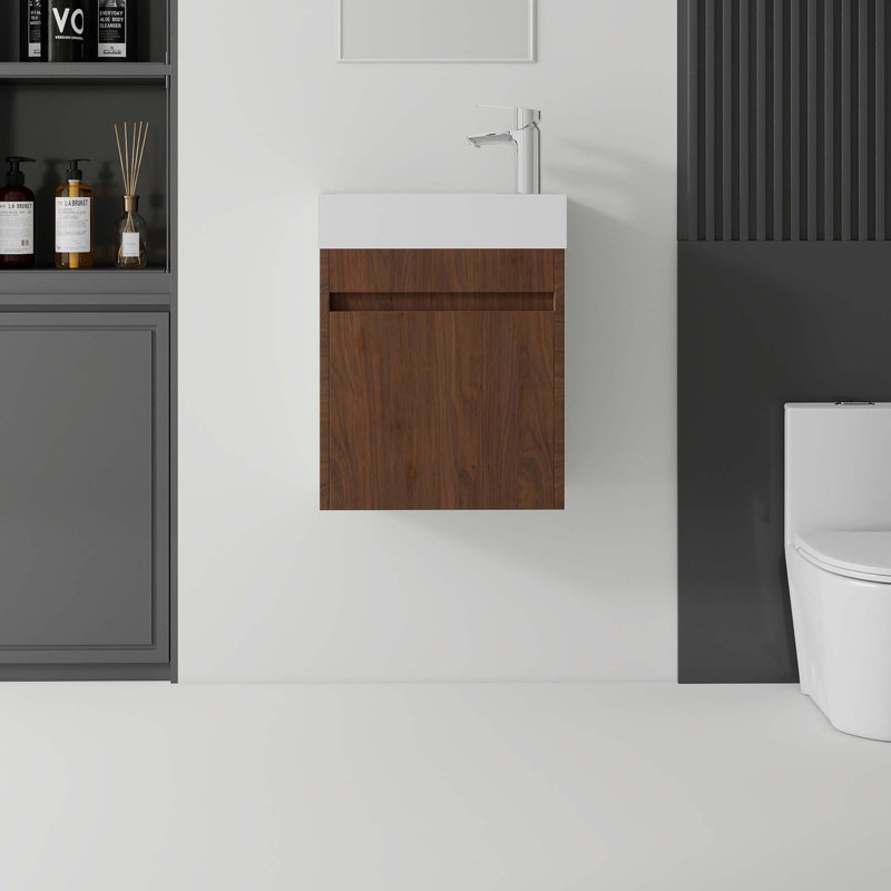 Meuble-lavabo flottant peu encombrant avec portes à fermeture en douceur et lavabo en céramique, Brun