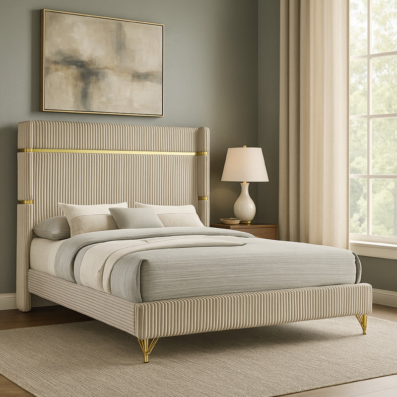Jenny Bed, Fluted Wingback Headboard, Beige Upholstery Gold Trim, King