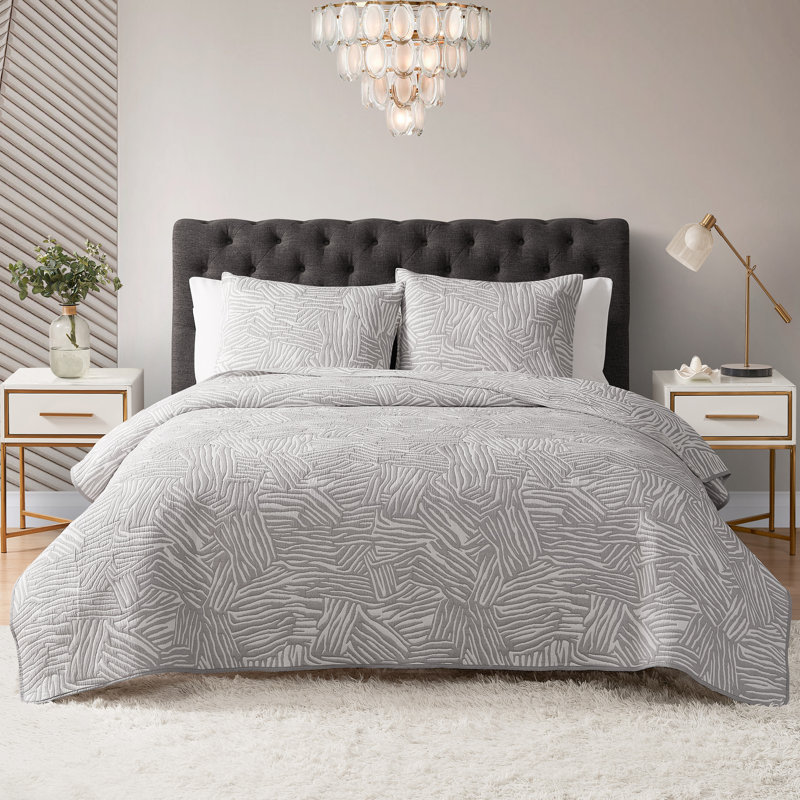 Ensemble de courtepointe réversible en mélange de coton matelassé et gris clair 3 pièces