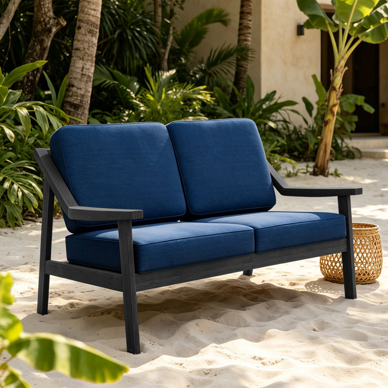Causeuse d'extérieur en bois de teck avec coussin et accoudoirs Marlo, Marine, Noir