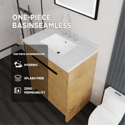 Meuble-lavabo autoportant de 76 cm avec lavabo, porte à fermeture amortie, comptoir et dosseret en marbre synthétique blanc granité de 5 cm, contreplaqué