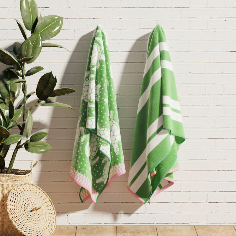 100% Cotton Jacquard Printed 2 Pack Beach Towels, Green/White Turtles / Stripe