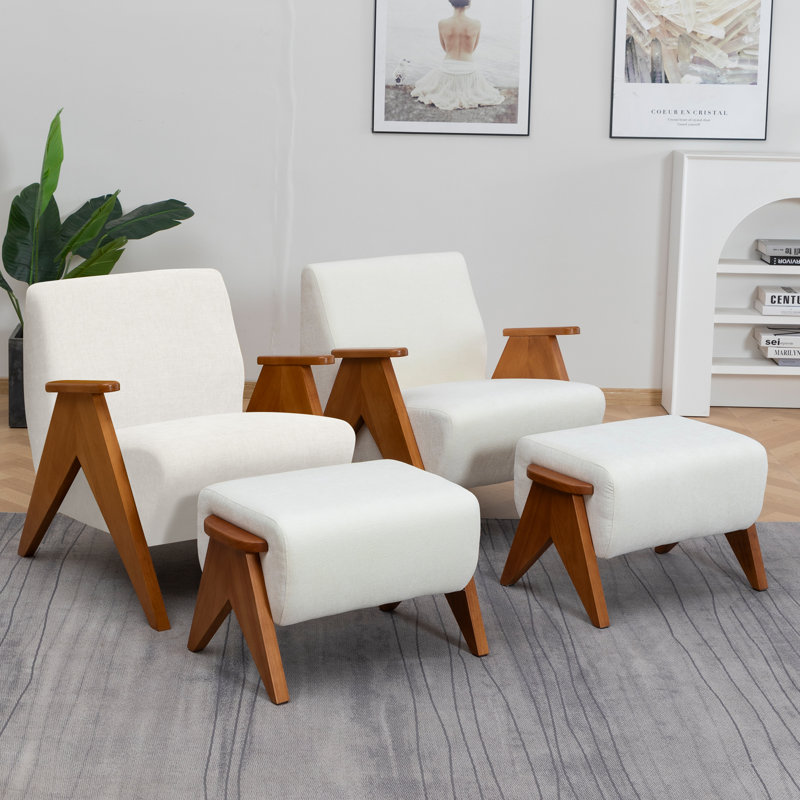 Upholstered Chenille With Footstool Armchair, Beige, 2