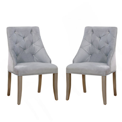 Set Of 2 Flannelette Upholstered Dining Side Chair In Silver And Light Gray