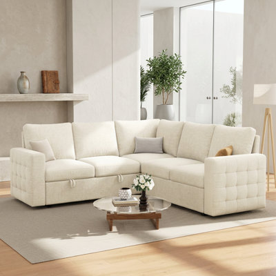 Canapé-lit modulaire en L escamotable avec rangement en chenille, beige