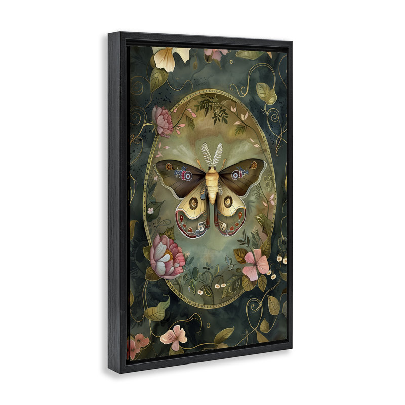 Cadre flottant orné de papillon de nuit victorien, design par The Dutch Lady, Cadre flottant noir de jais, H 25 po x l 17 po