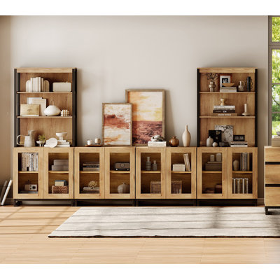 Modern 72" Tall Bookcases With Glass Doors And Adjustable Shelves, Library Book Shelf With Storage Cabinet And Open Book Shelfs, Wood Bookshelves For by Hokku Designs