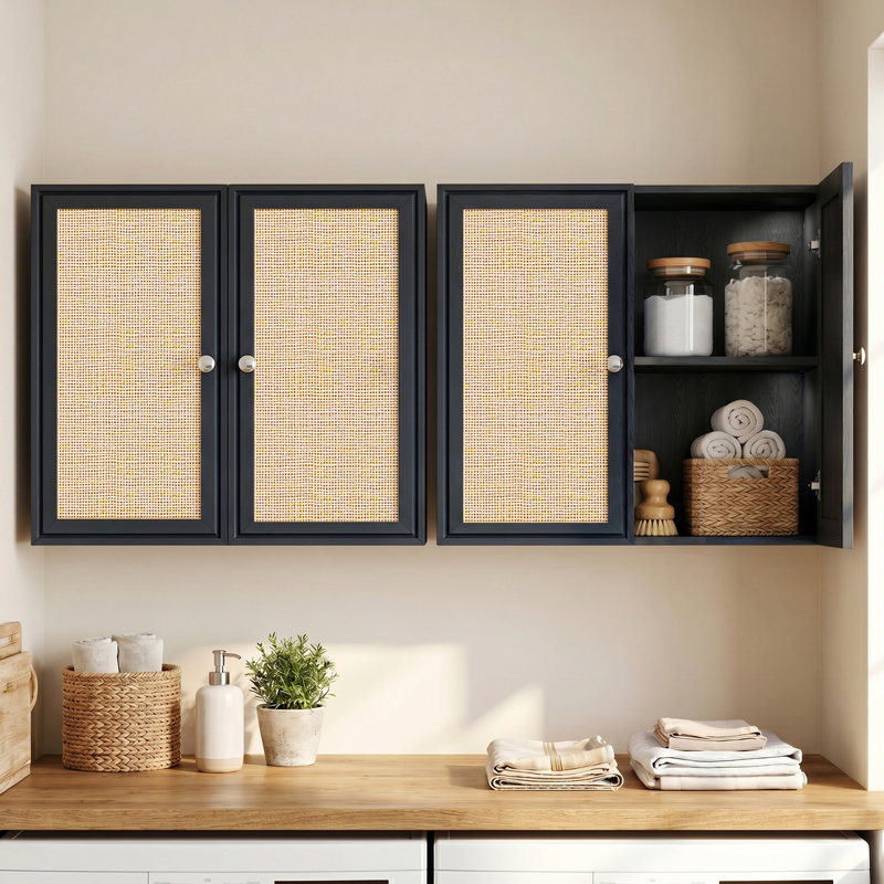 Armoire murale 24 po en rotin, armoire de cuisine avec tablettes réglables, Noir