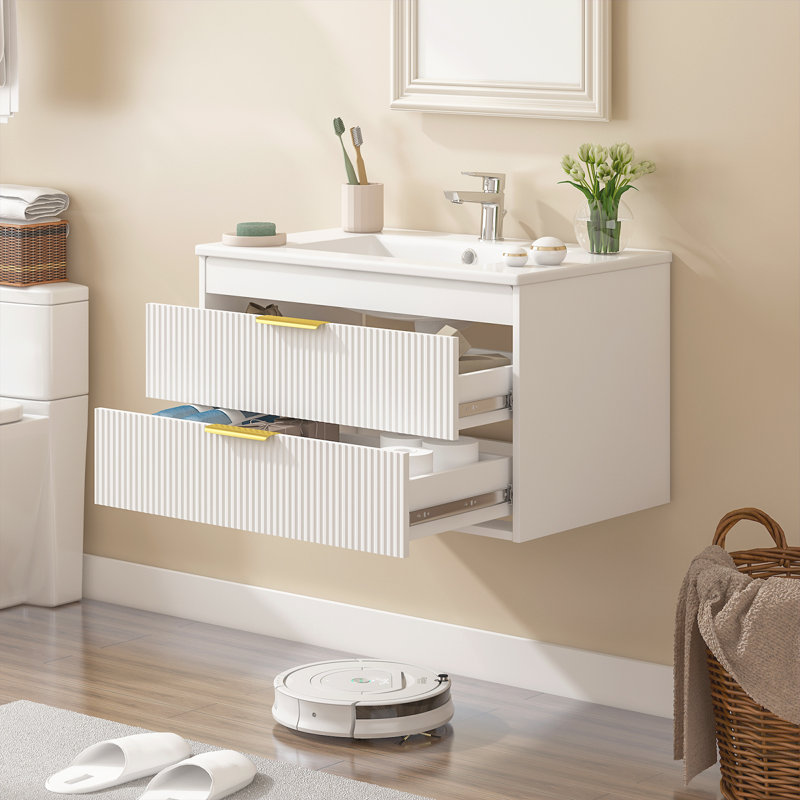 Ensemble de meuble-lavabo mural simple 30 po avec lavabo en céramique Bathilde, Blanc