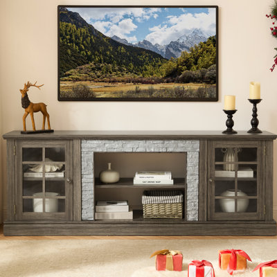 Grey Tv Stand, 70" Faux Stone Entertainment Center With 2-door Storage, 6 Cable Cutouts For Tidy Setup