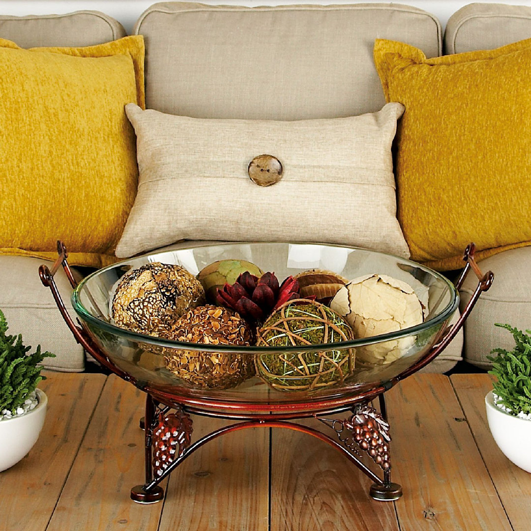 Cieslak Tempered Glass Kitchen Clear Serving Bowl with Copper Metal Grapes Base Fleur De Lis Living