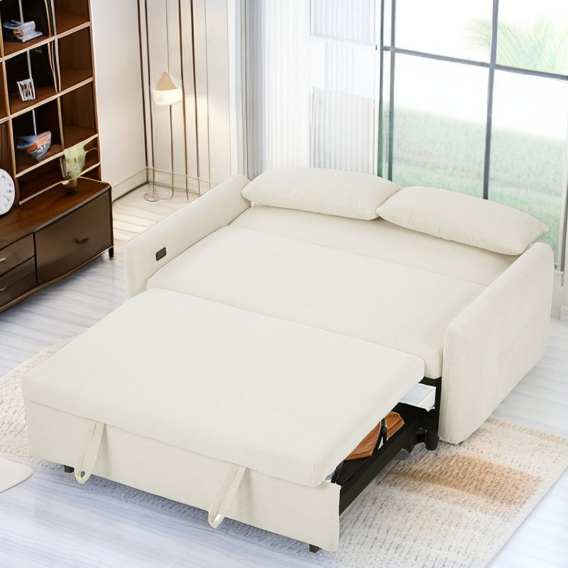Isel 57'' Sofa Bed Sleeper Loveseat with USB Port and Two Pillows, Beige Corduroy