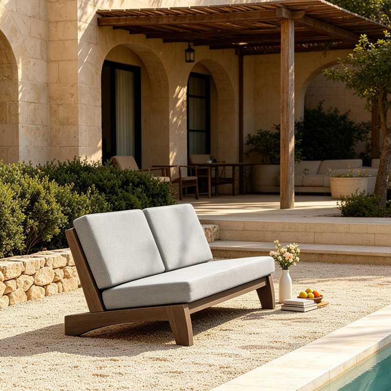 Polett 43.9'' Wide Outdoor Loveseat with Cushions, Brown, Light Camel