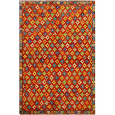 Tapis géométrique vert / bleu / orange en laine noué à la main 4 pi 11 po x 6 pi 6 po Laudalino